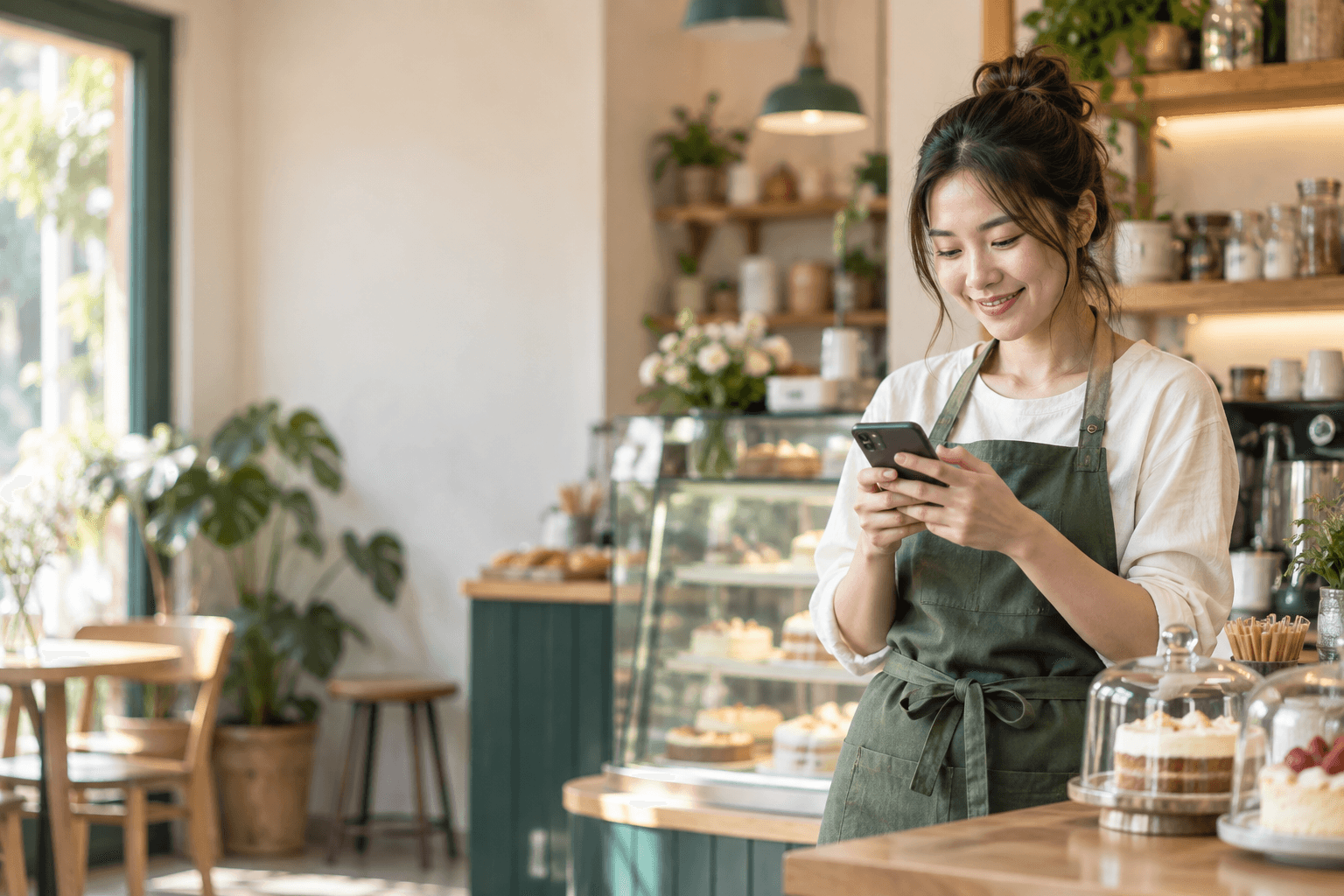 เจ้าของร้านขนมกำลังอ่านข้อความลูกค้าบนโทรศัพท์